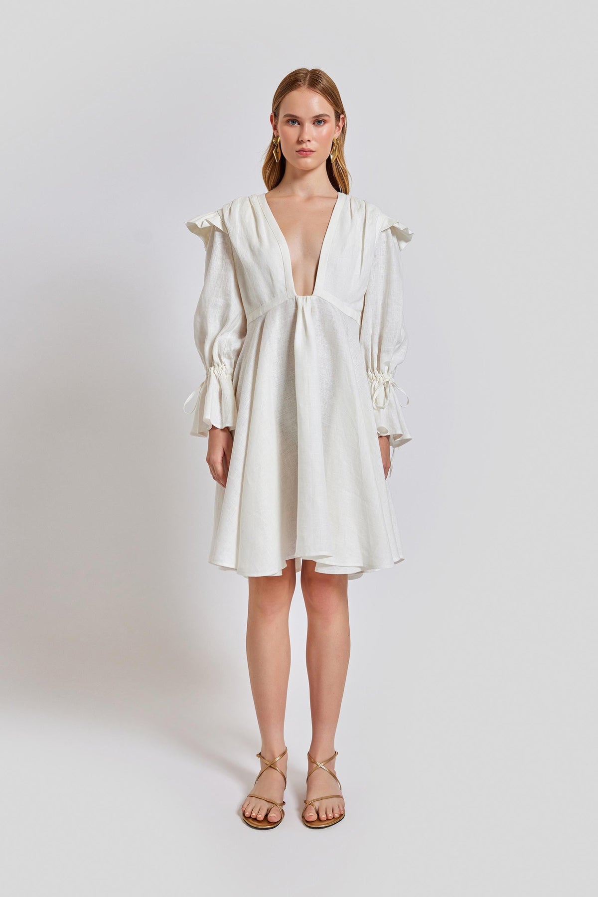 Sicily Loose Fit U Neckline Long Sleeve Mini Dress - White