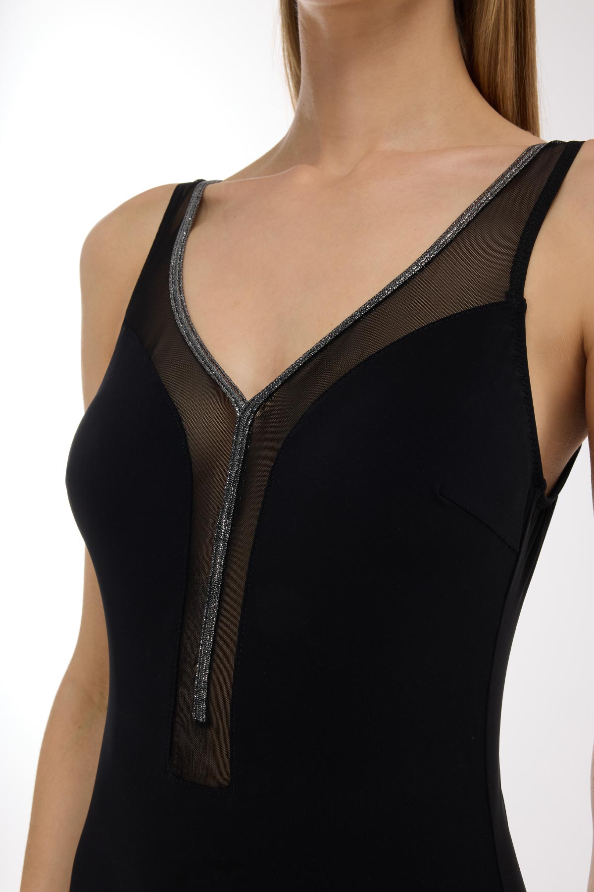 4218 Black Silver V Neck Swimsuit