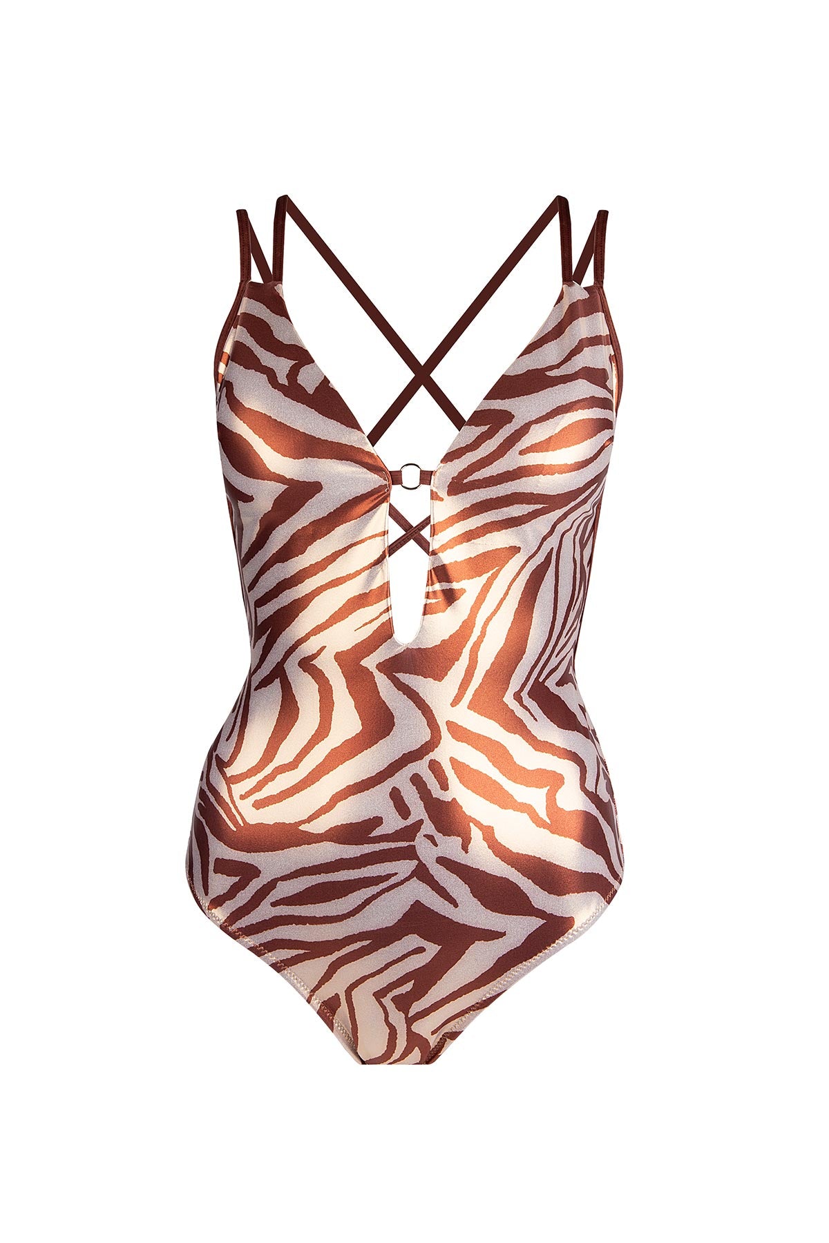 4319 Brown V Neck Swimsuit