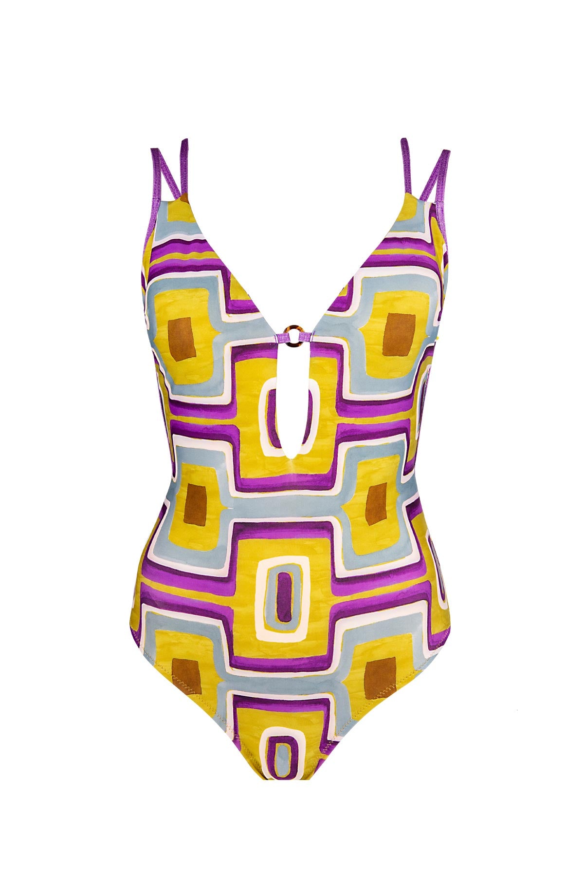 4319 Yellow Purple V Neck Swimsuit