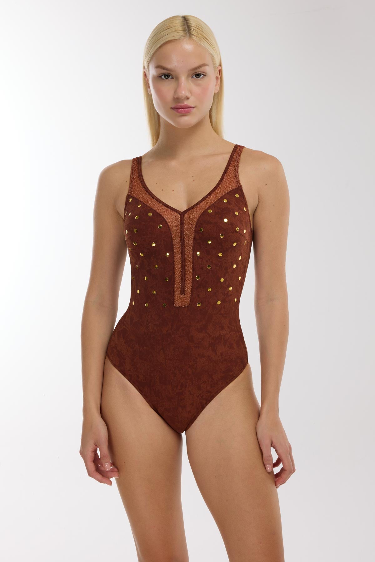 5145 Brown V Neck Swimsuit