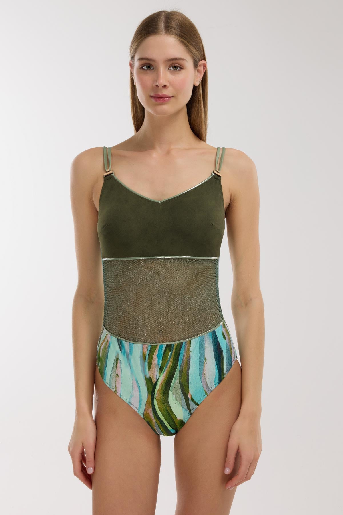 5208 Green Transparent V Neck Swimsuit
