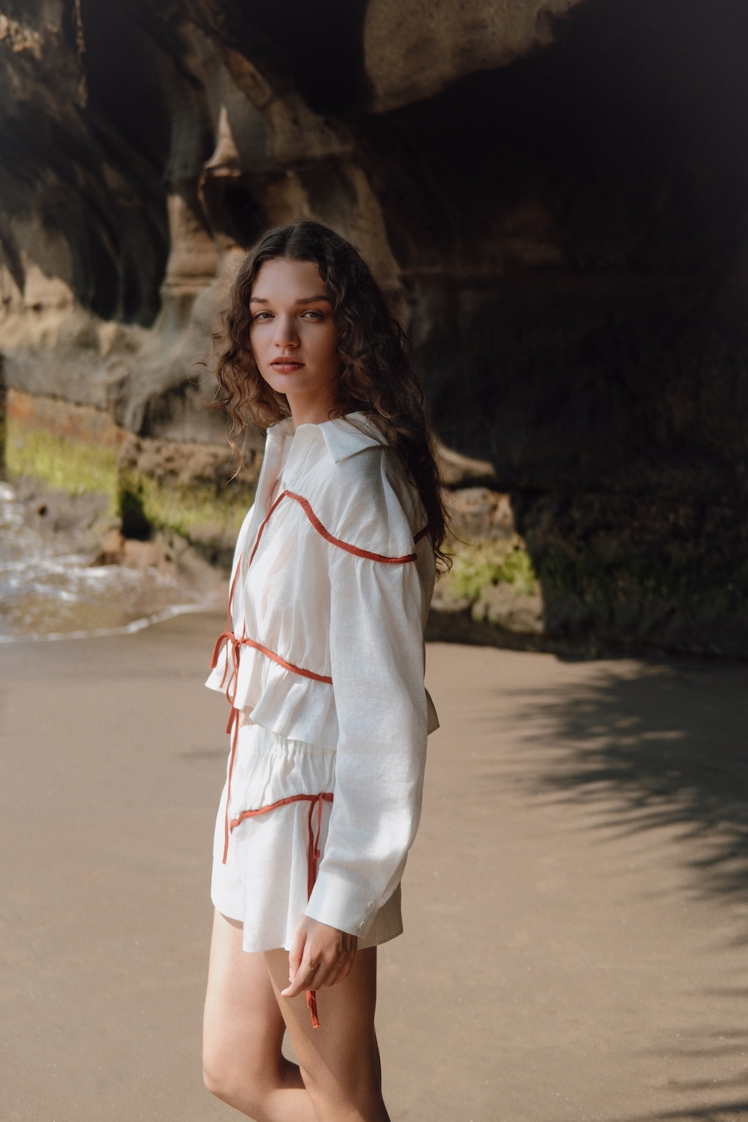 Colette Ecru and Terracotta Linen Tie Shirt