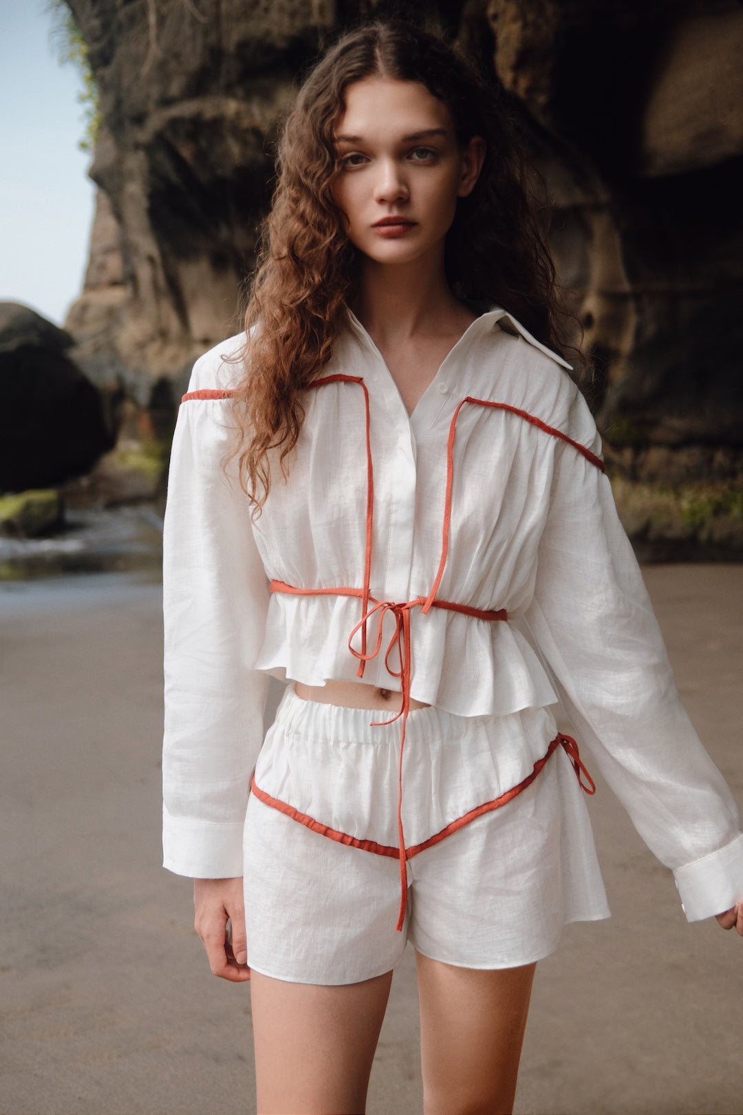 Colette Ecru and Terracotta Linen Tie Shorts