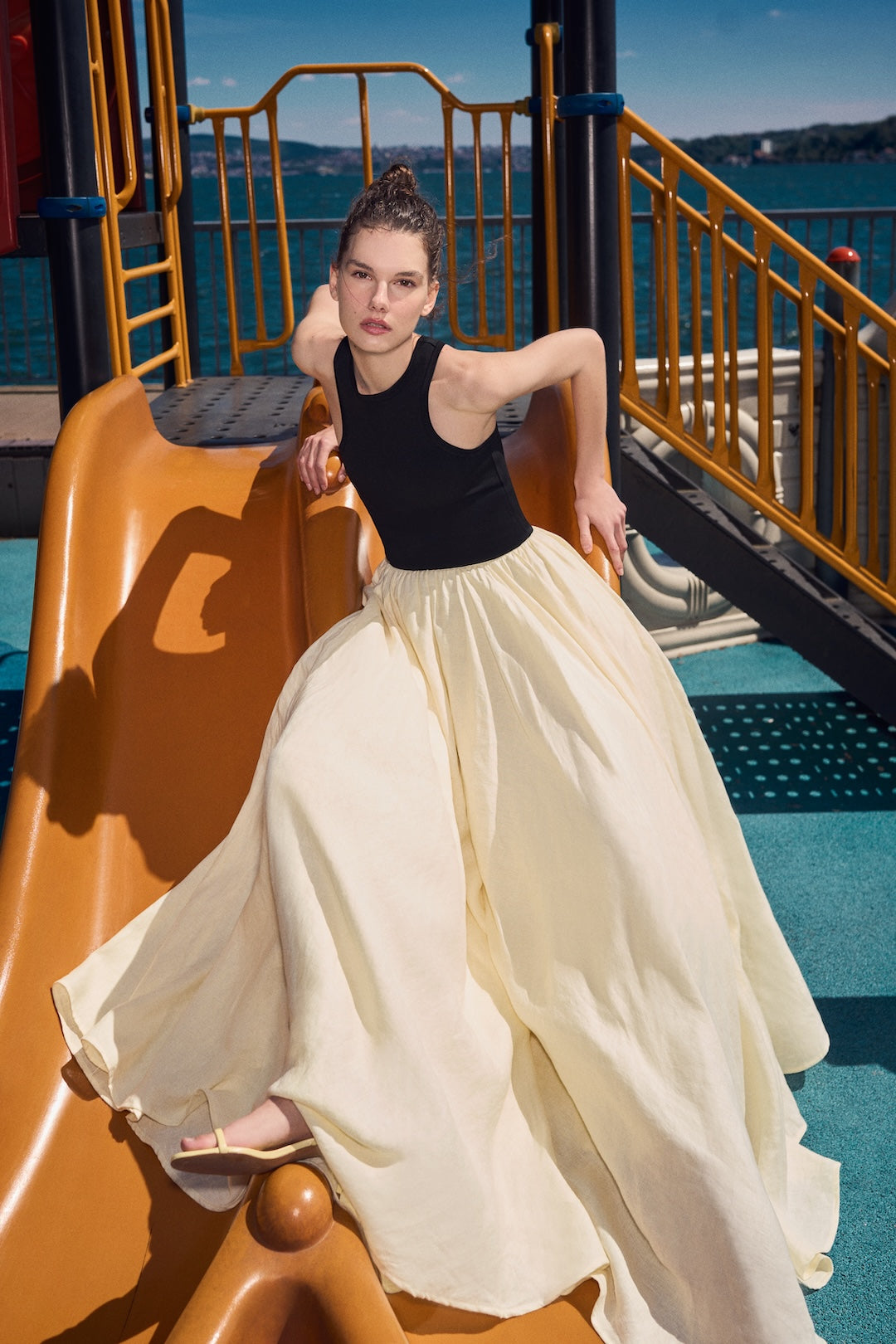 Nikki Black and Yellow Linen Maxi Dress