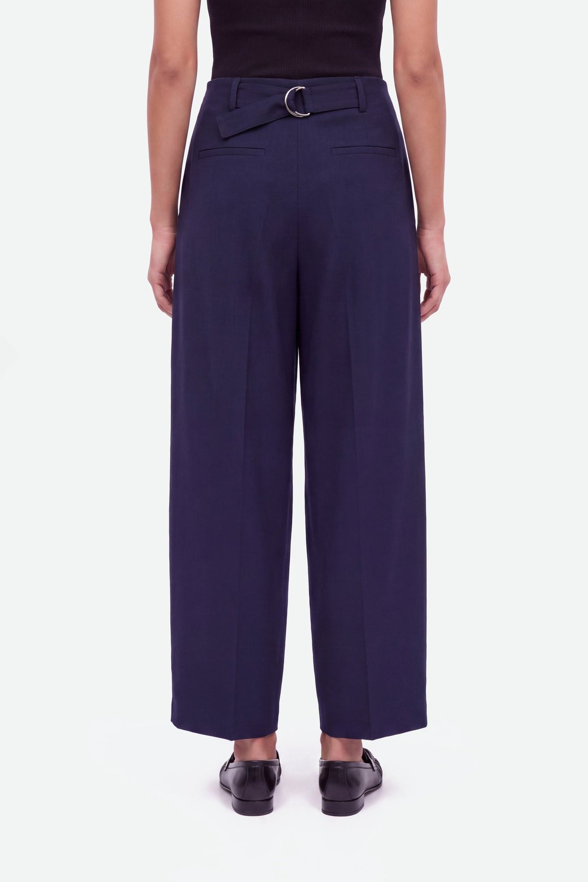 Double Pleat Belted Trousers - Navy Blue