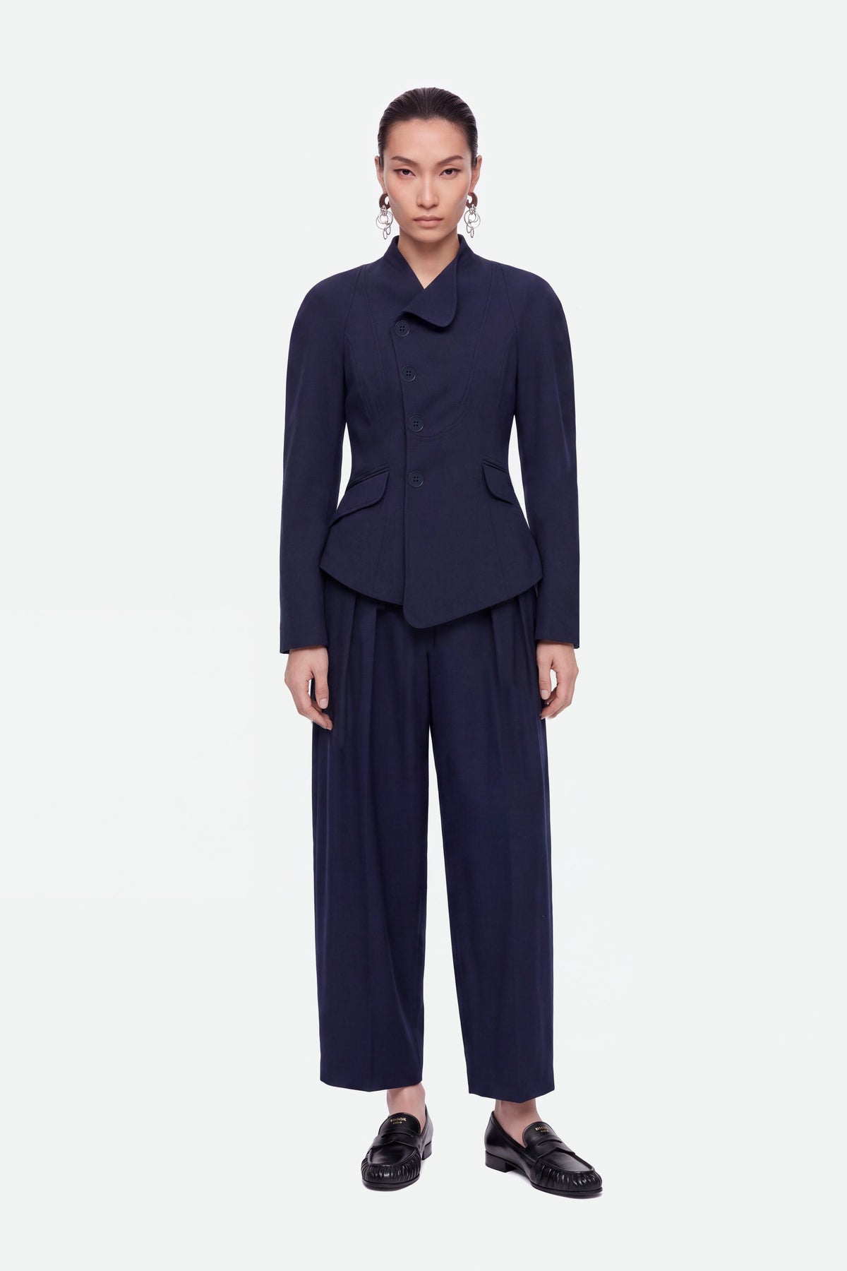 Double Pleat Belted Trousers - Navy Blue