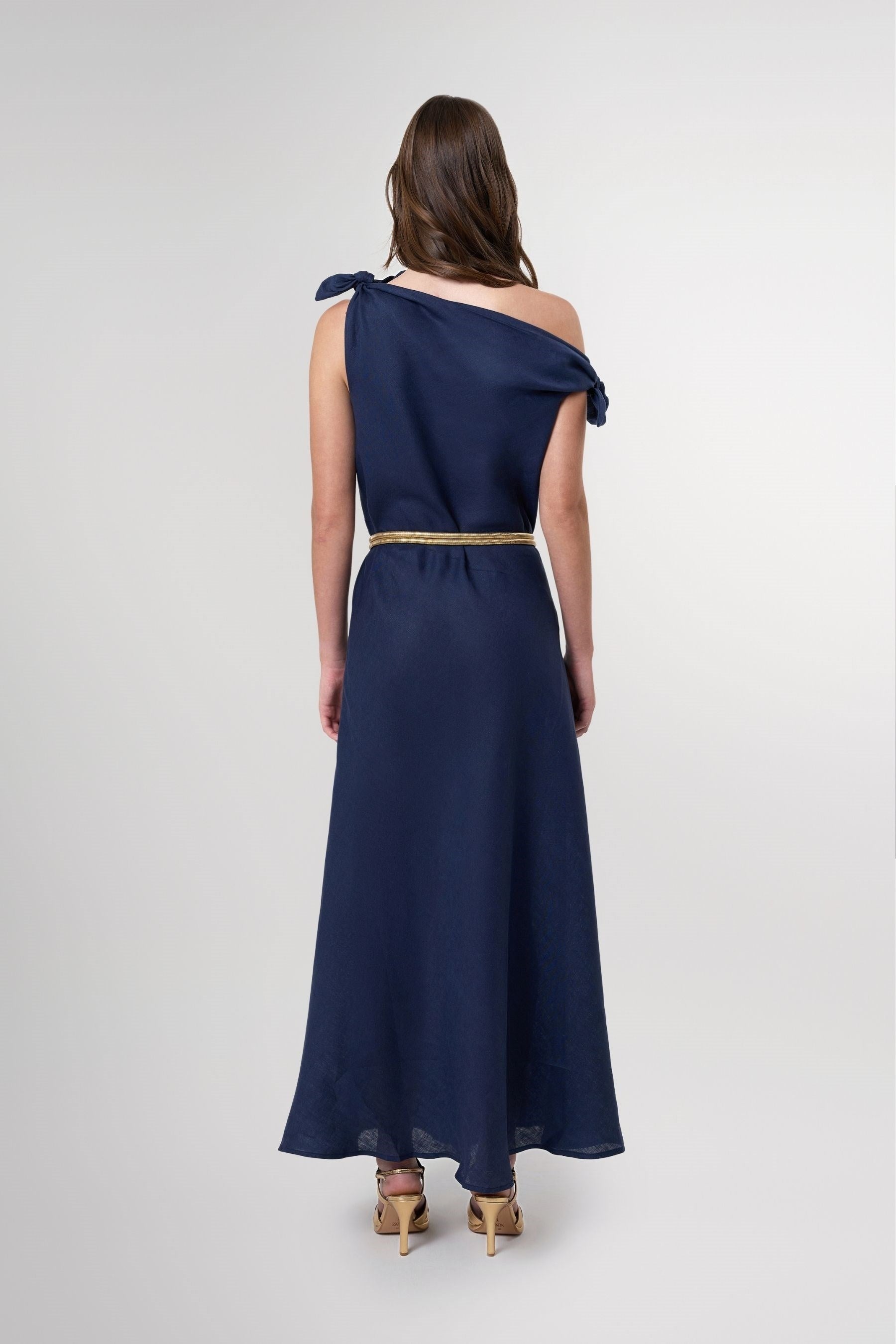 Valeria Navy Off Shoulder Maxi Linen Dress