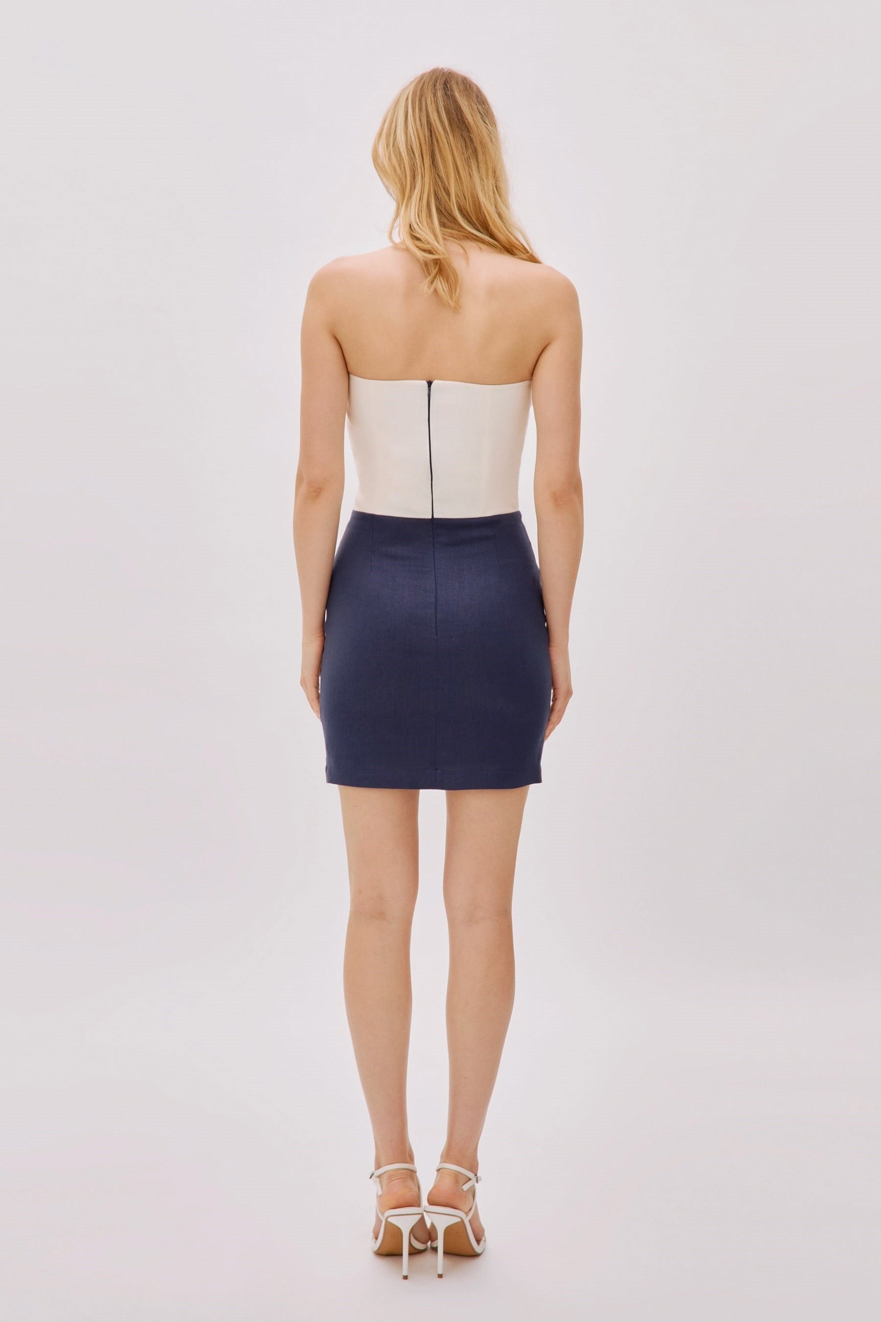 Hazel Two-Tone Navy Linen Twist Mini Dress