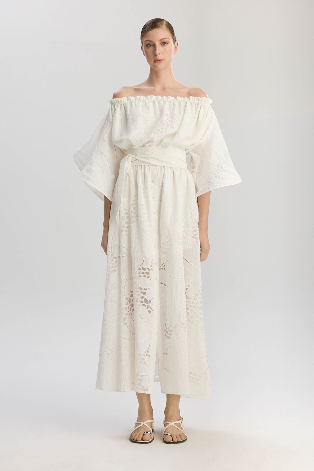 Victoria Wavy Sleeves Dress - White