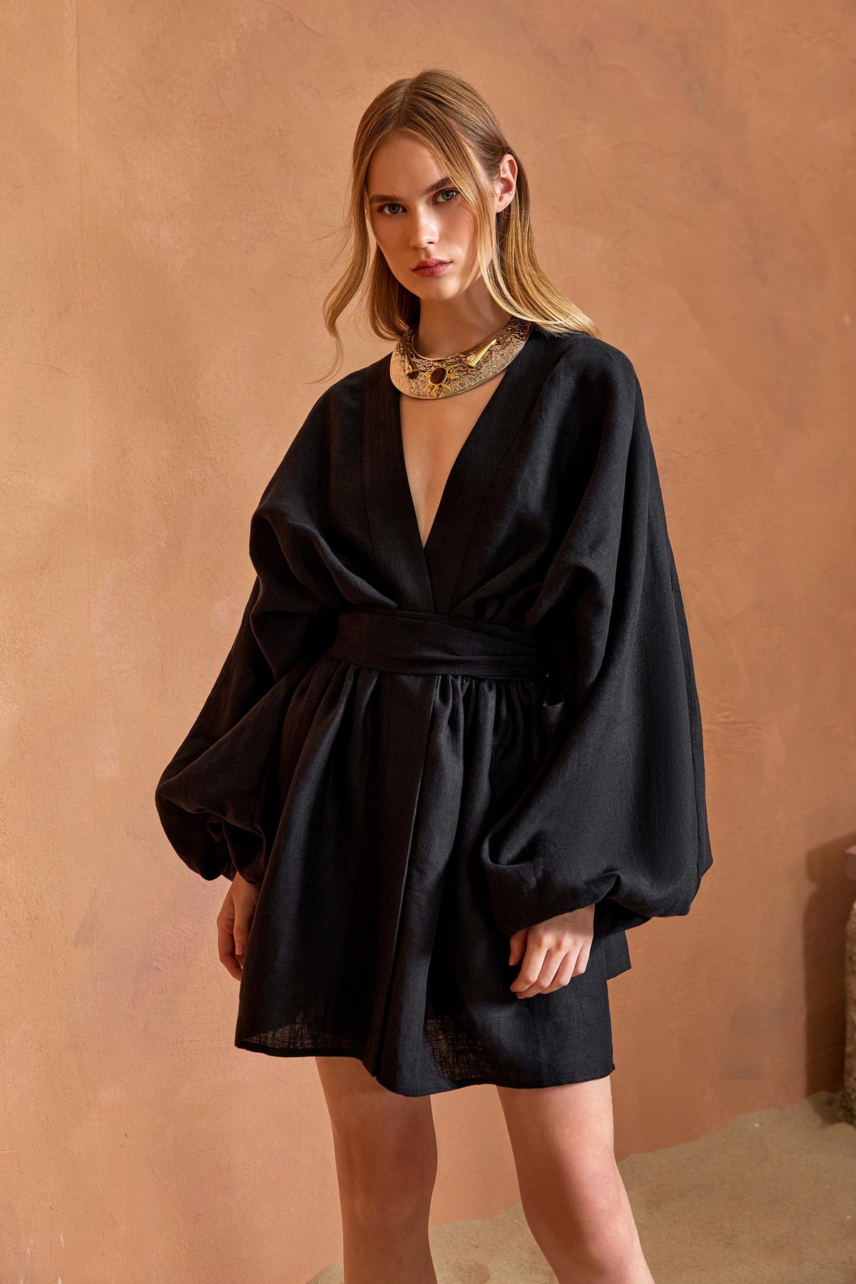 Sardinia Loose Arm Long Sleeve Short Dress - Black