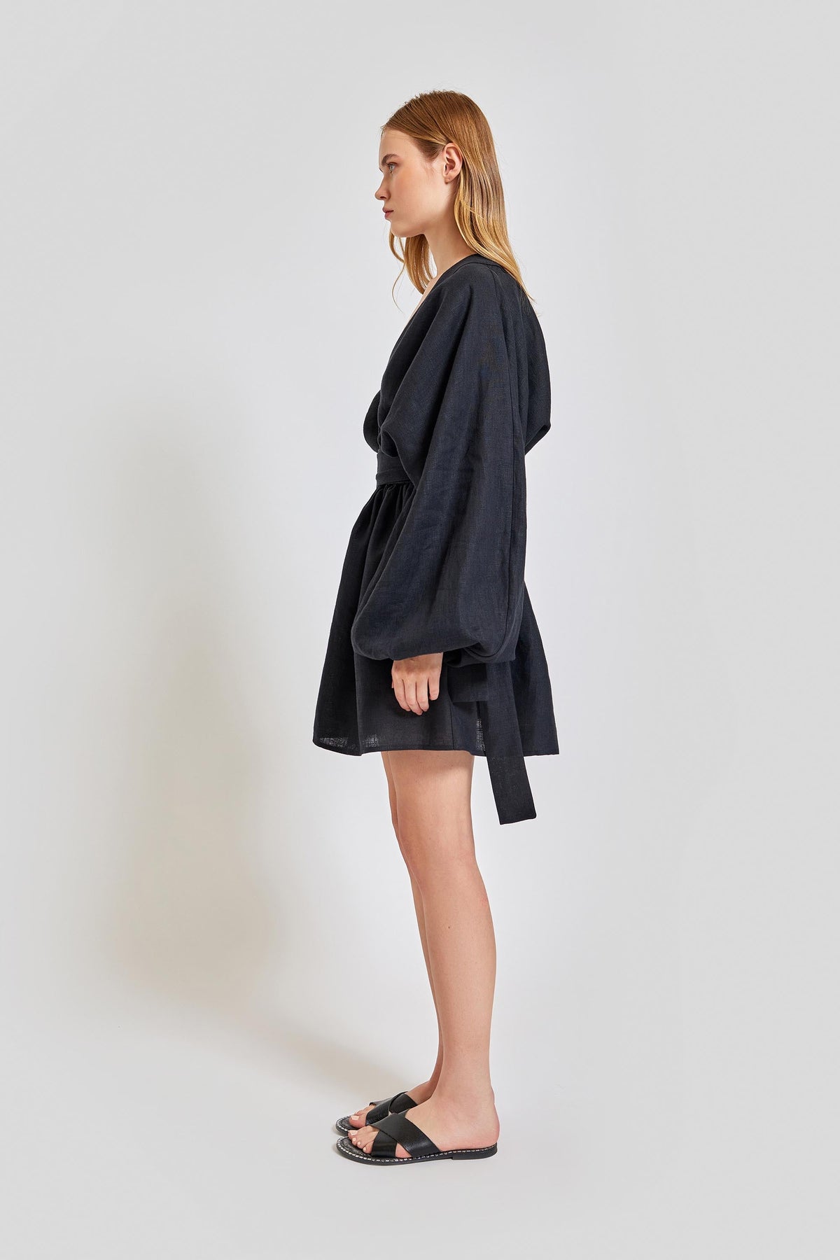 Sardinia Loose Arm Long Sleeve Short Dress - Black