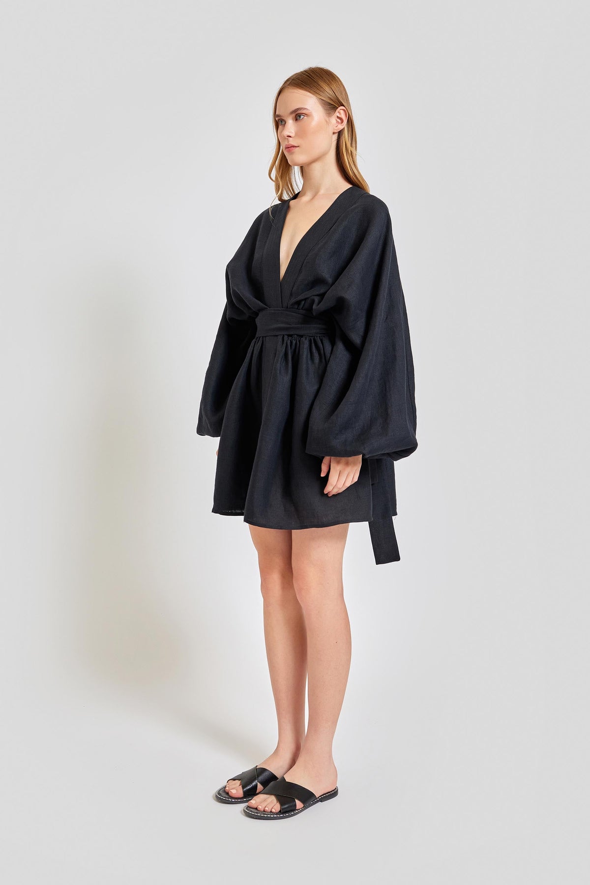 Sardinia Loose Arm Long Sleeve Short Dress - Black
