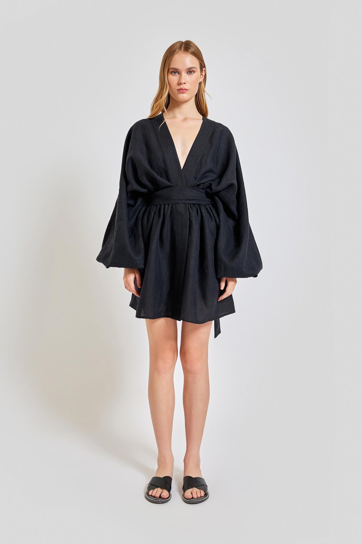 Sardinia Loose Arm Long Sleeve Short Dress - Black