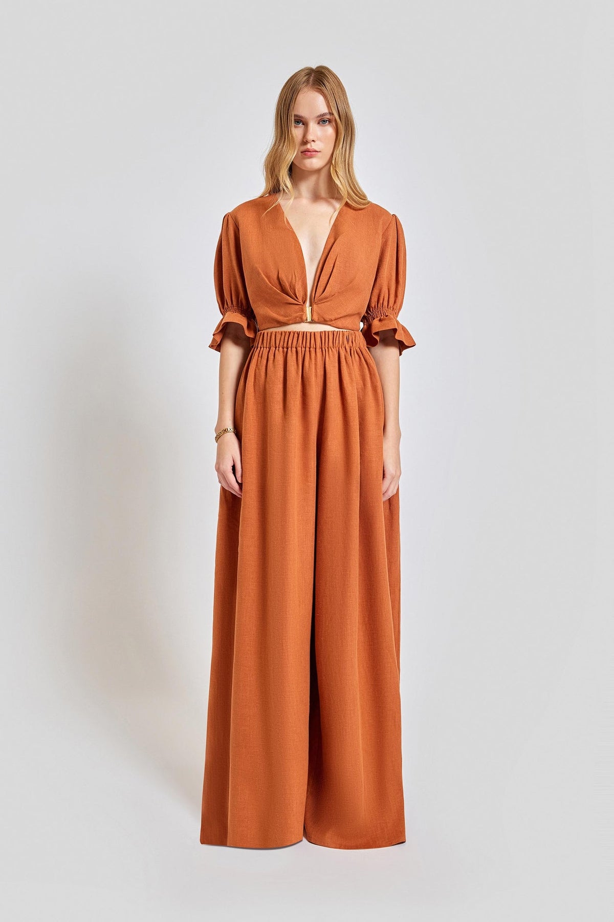 Marrakesh Puff Sleeve Crop Top - Brick