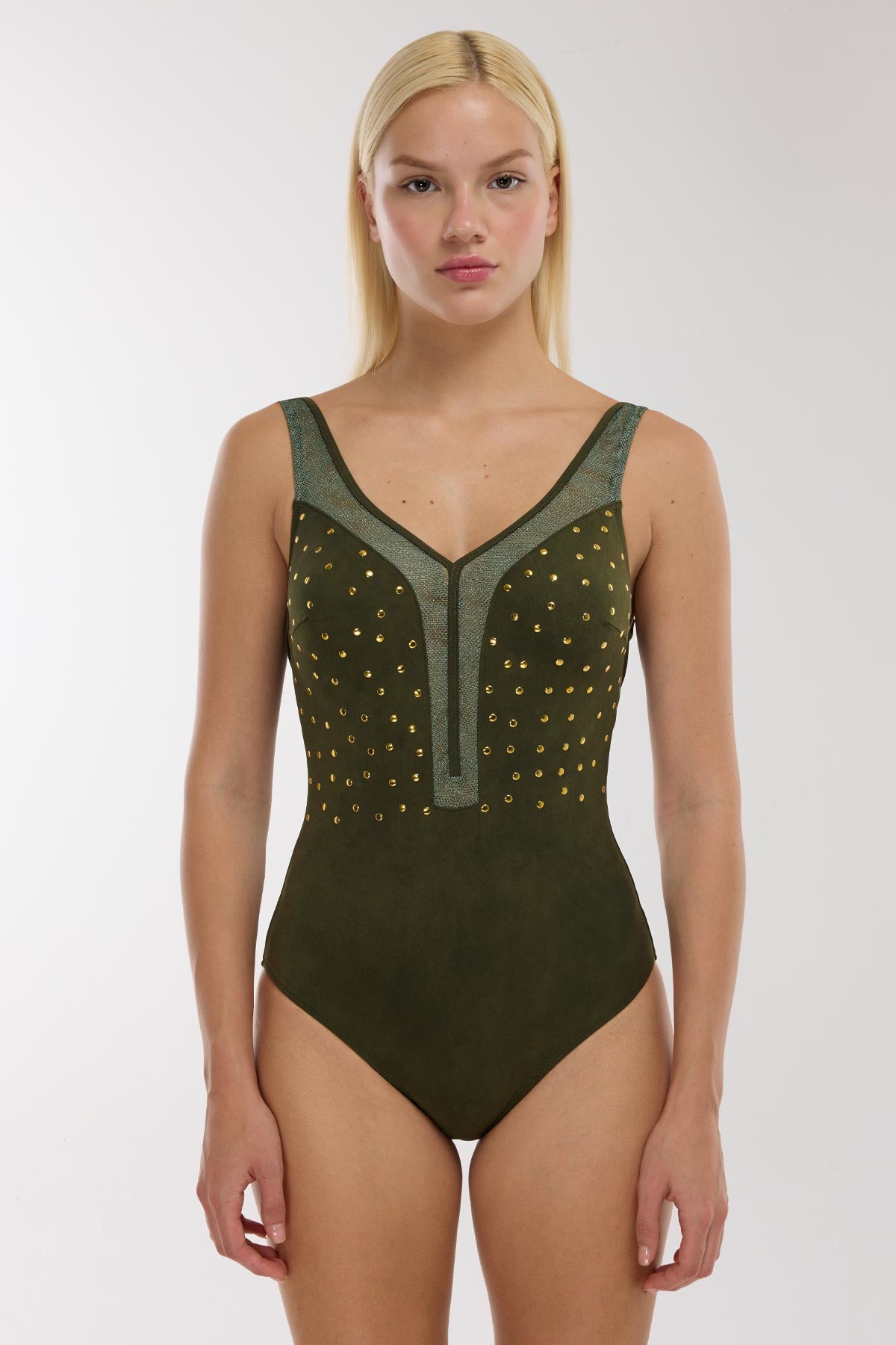 5145 Khaki V Neck Swimsuit