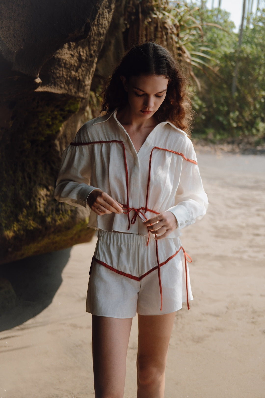 Colette Ecru and Terracotta Linen Tie Shorts