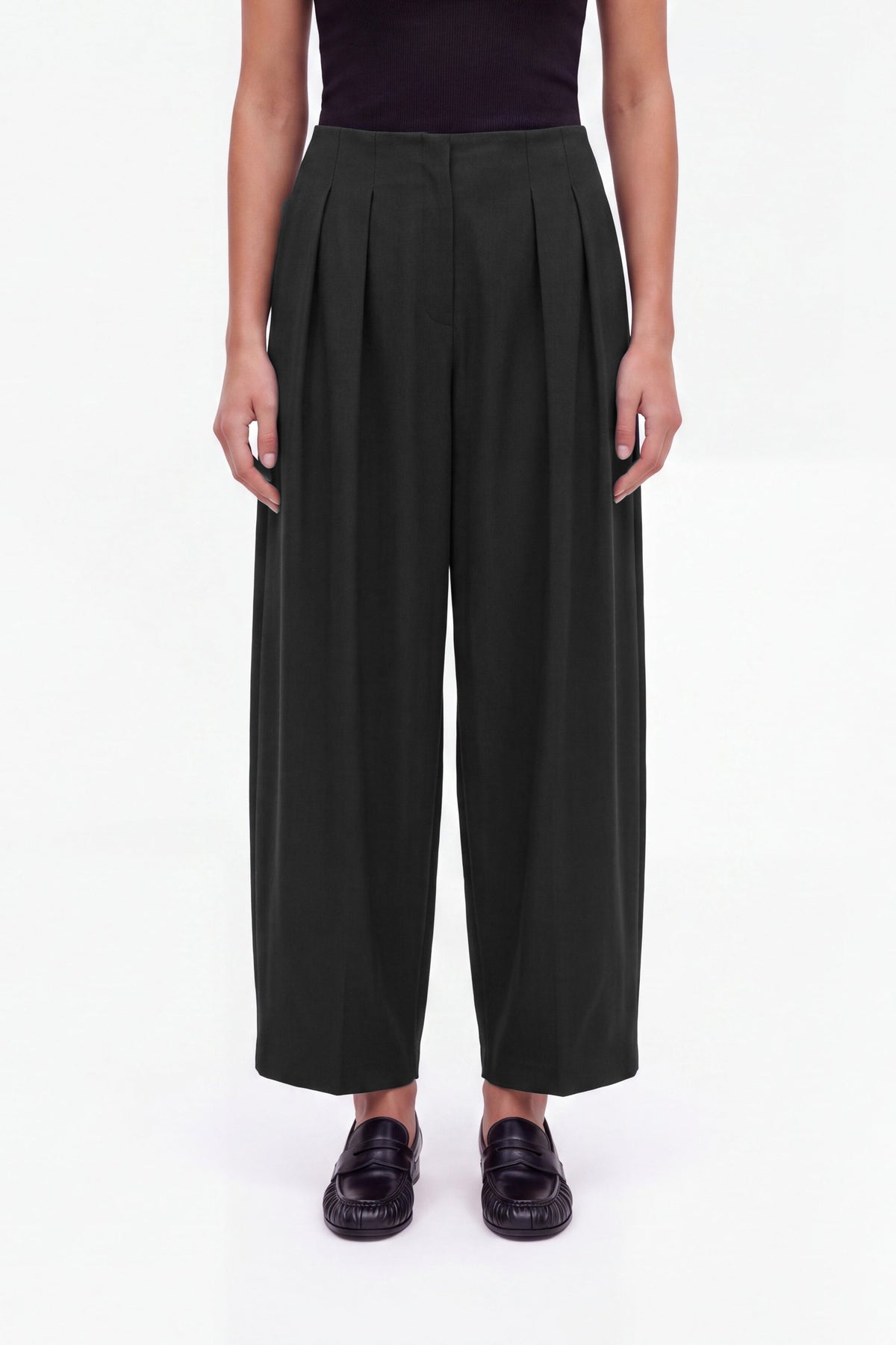 Double Pleat Belted Trousers - Black
