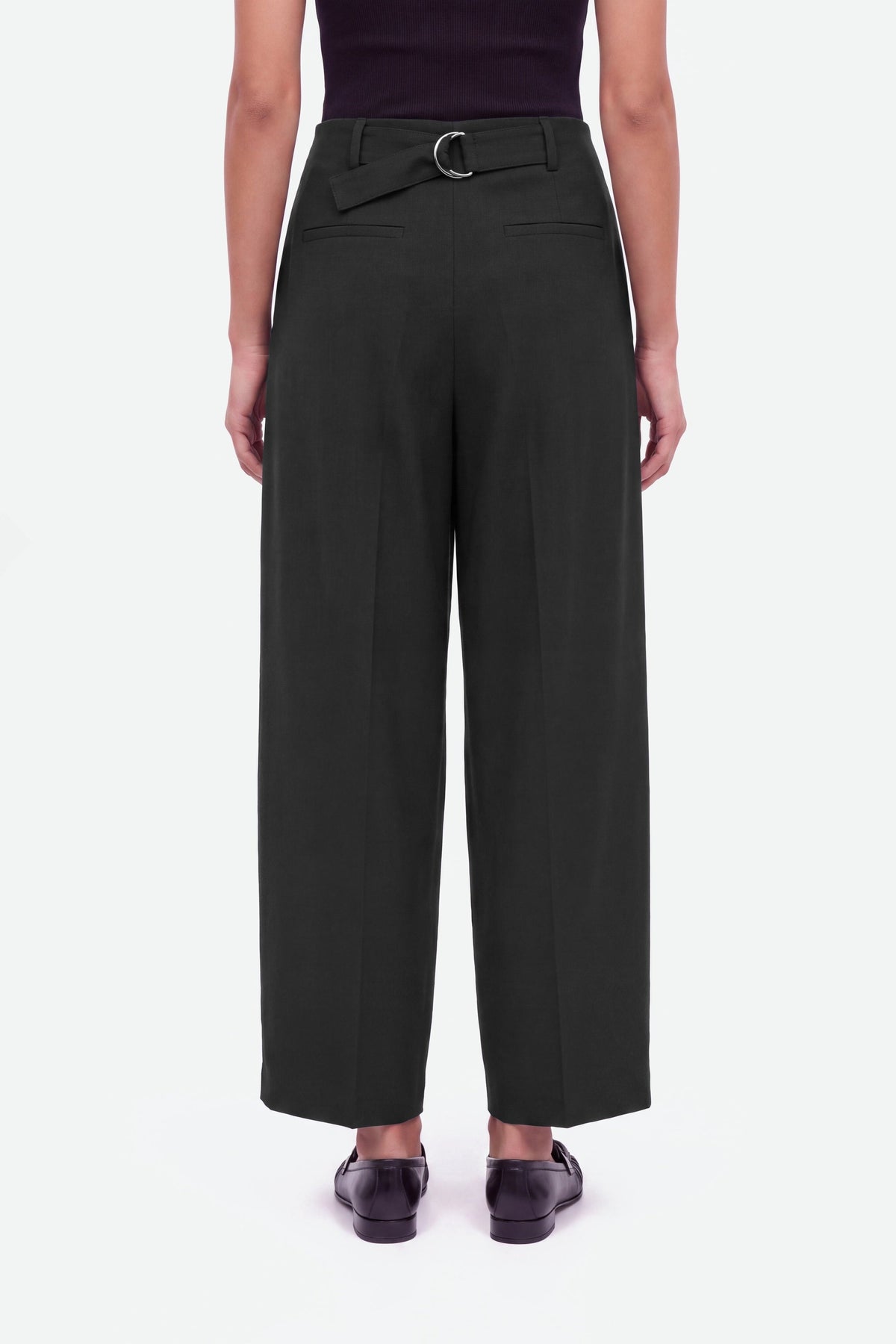 Double Pleat Belted Trousers - Black