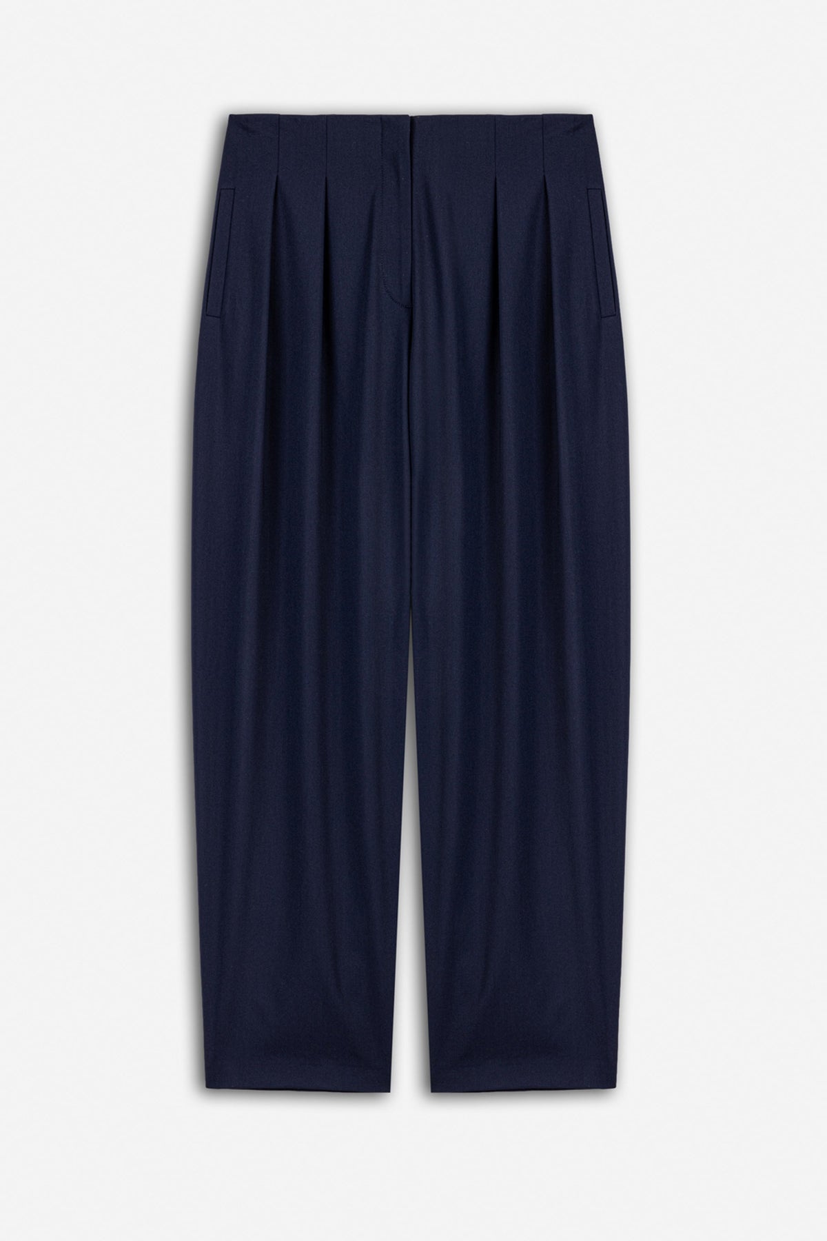 Double Pleat Belted Trousers - Navy Blue