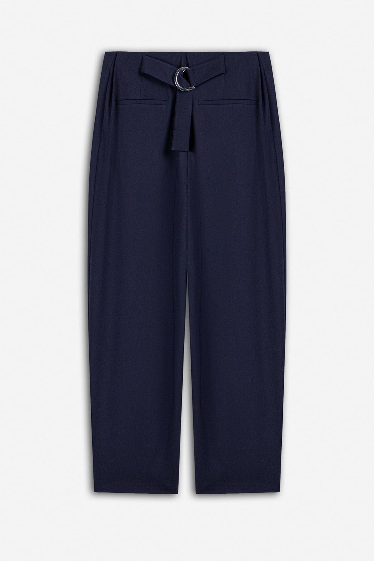 Double Pleat Belted Trousers - Navy Blue