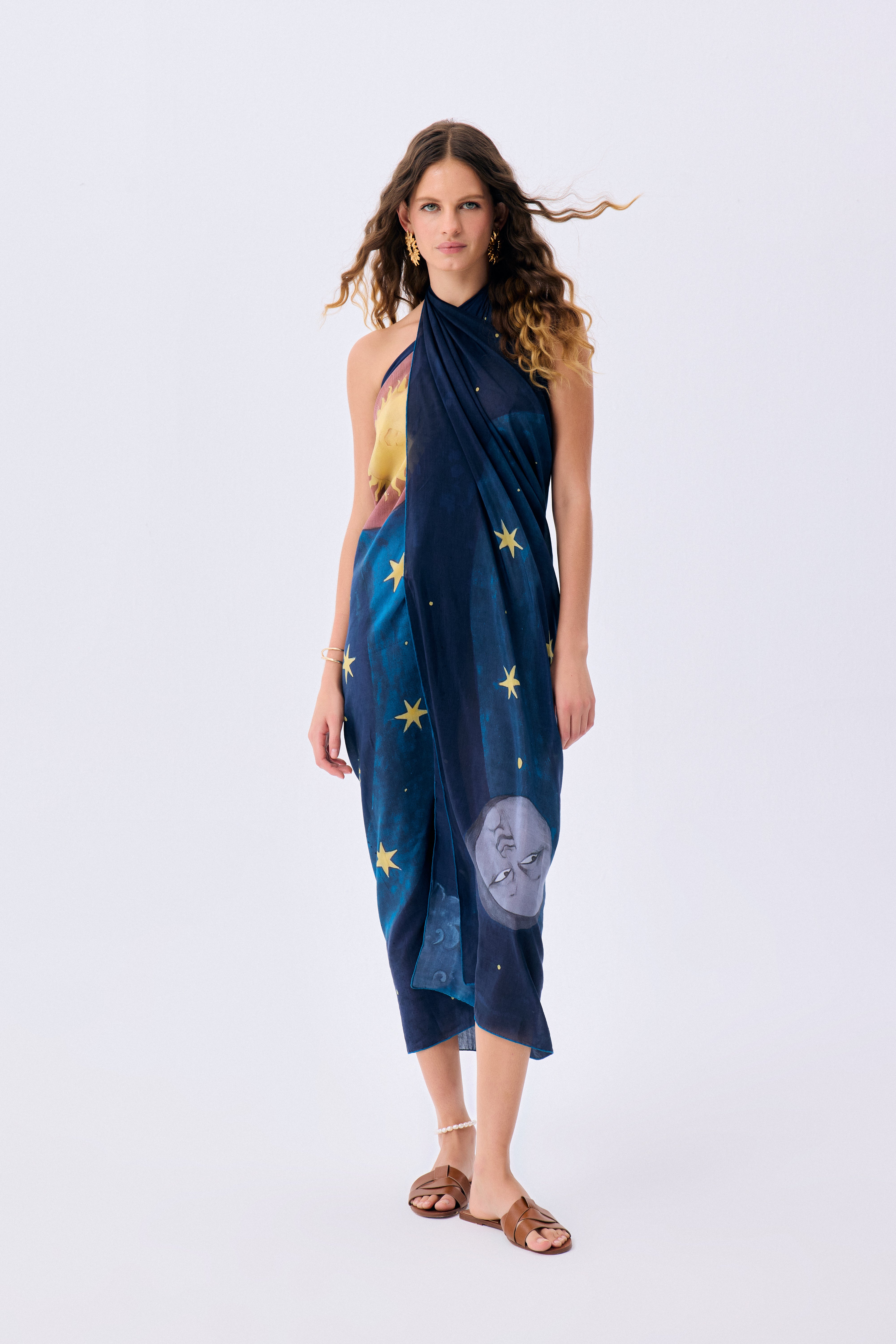 Printed Silk-Cotton Voile Pareo In Galaxia