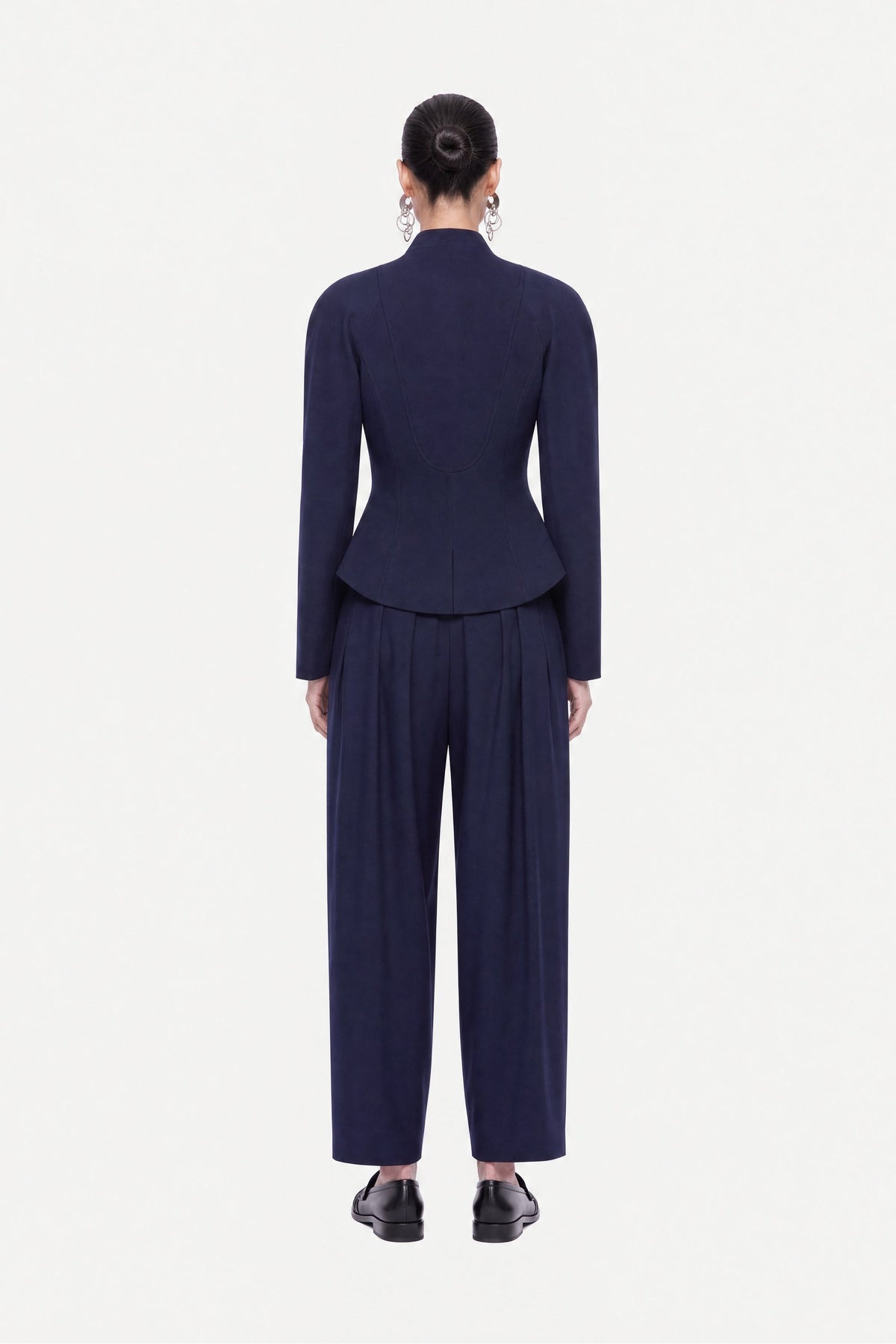 Double Pleat Belted Trousers - Navy Blue