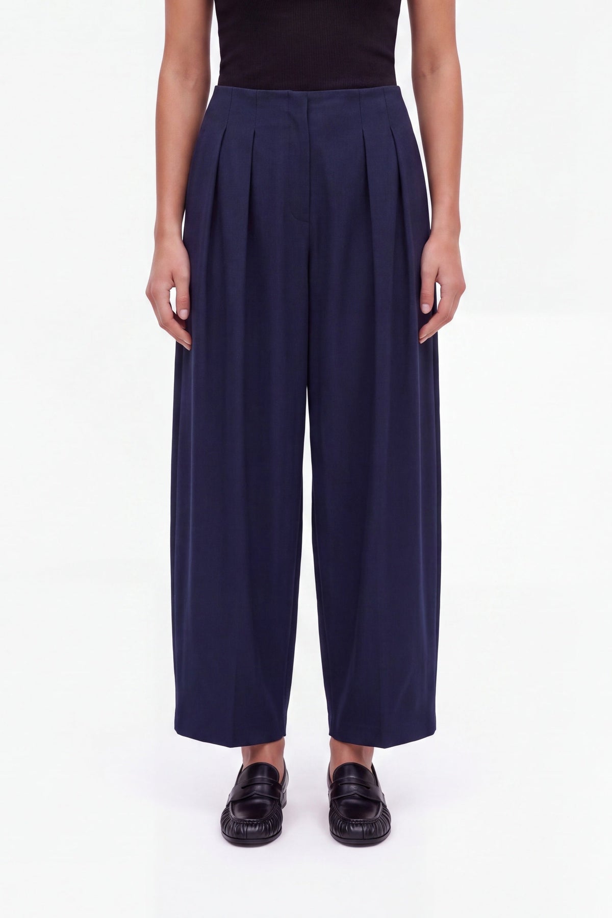 Double Pleat Belted Trousers - Navy Blue