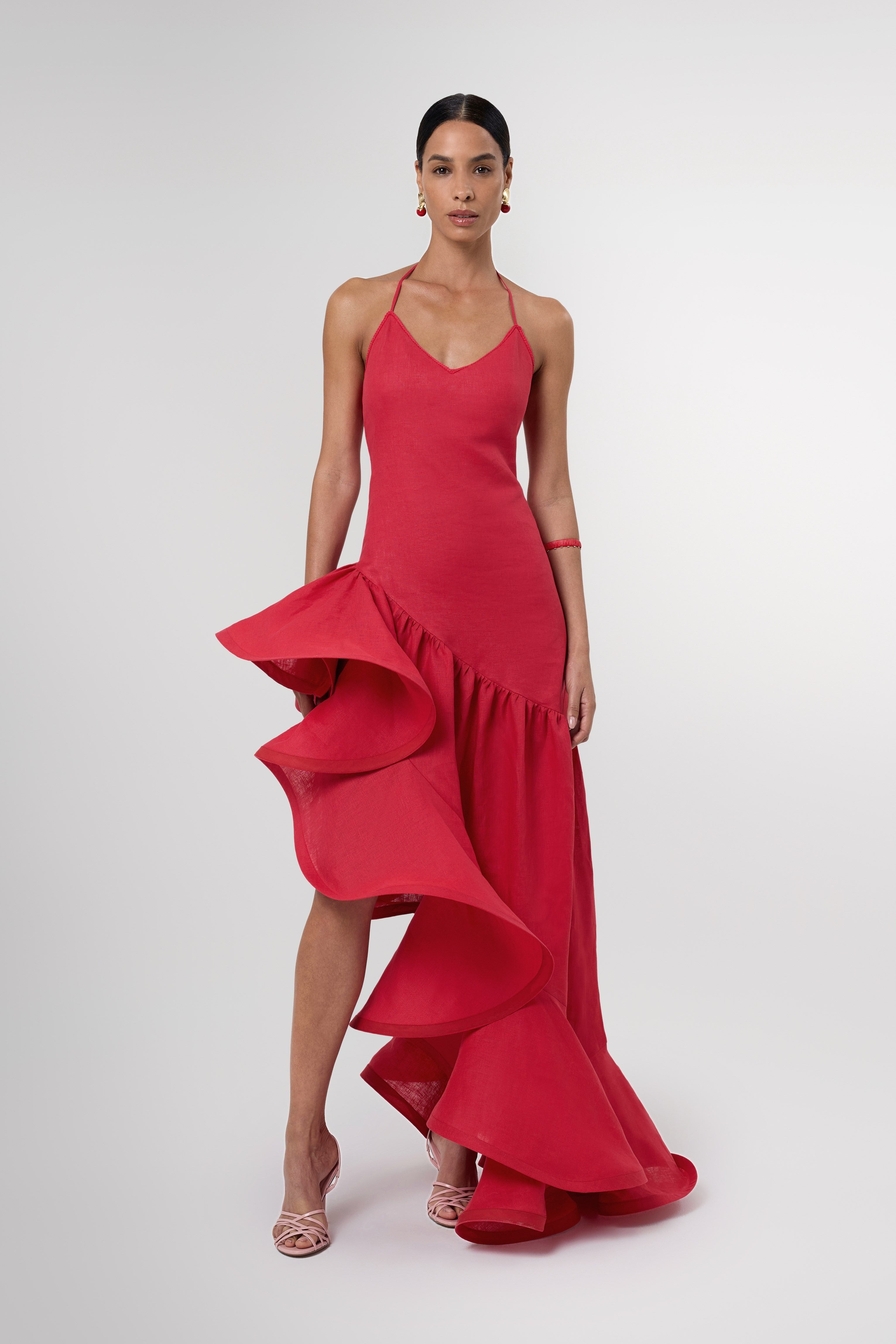 Sahra Red Asymmetric Structured Linen Maxi Dress