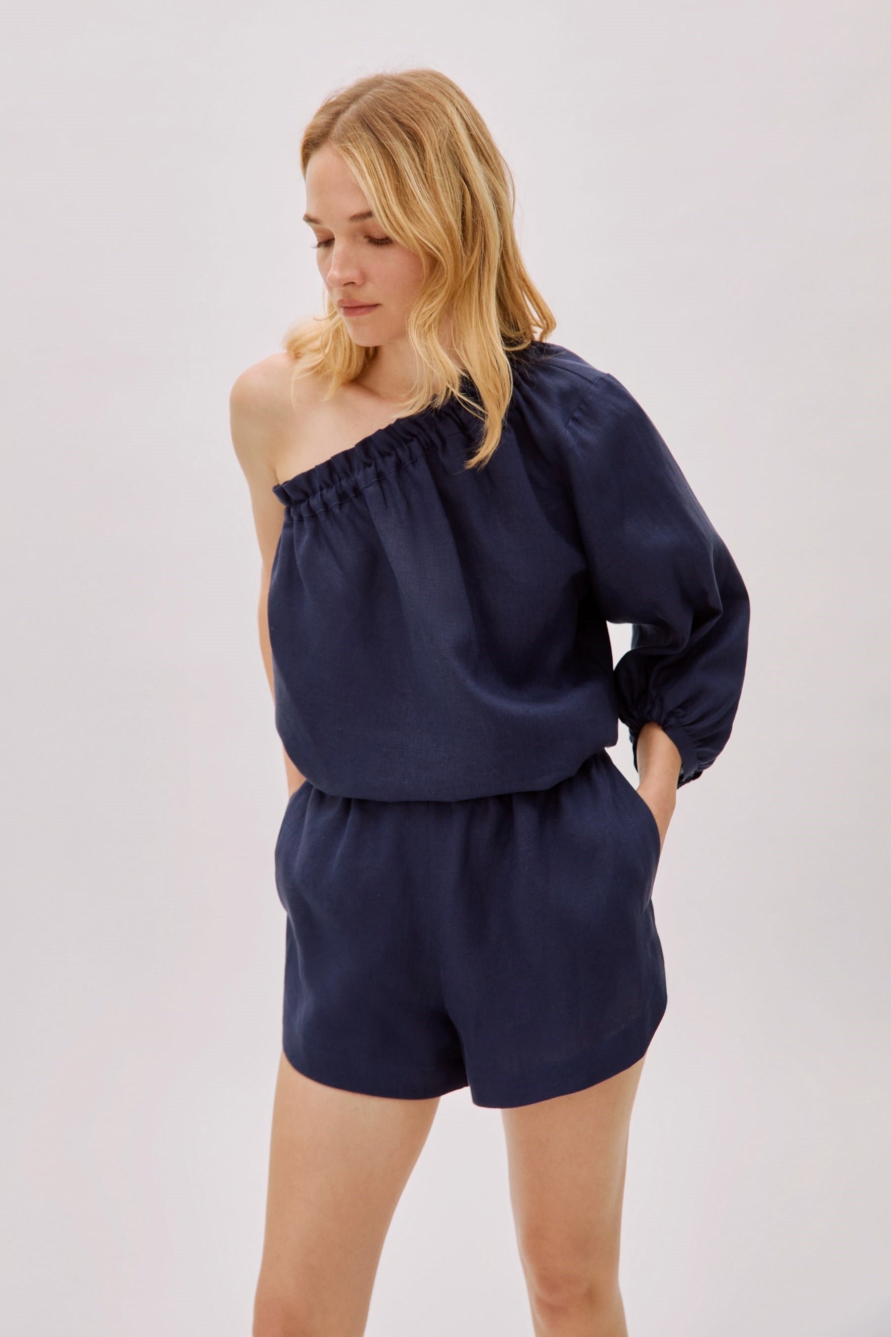 Navy Linen One Sleeve Top