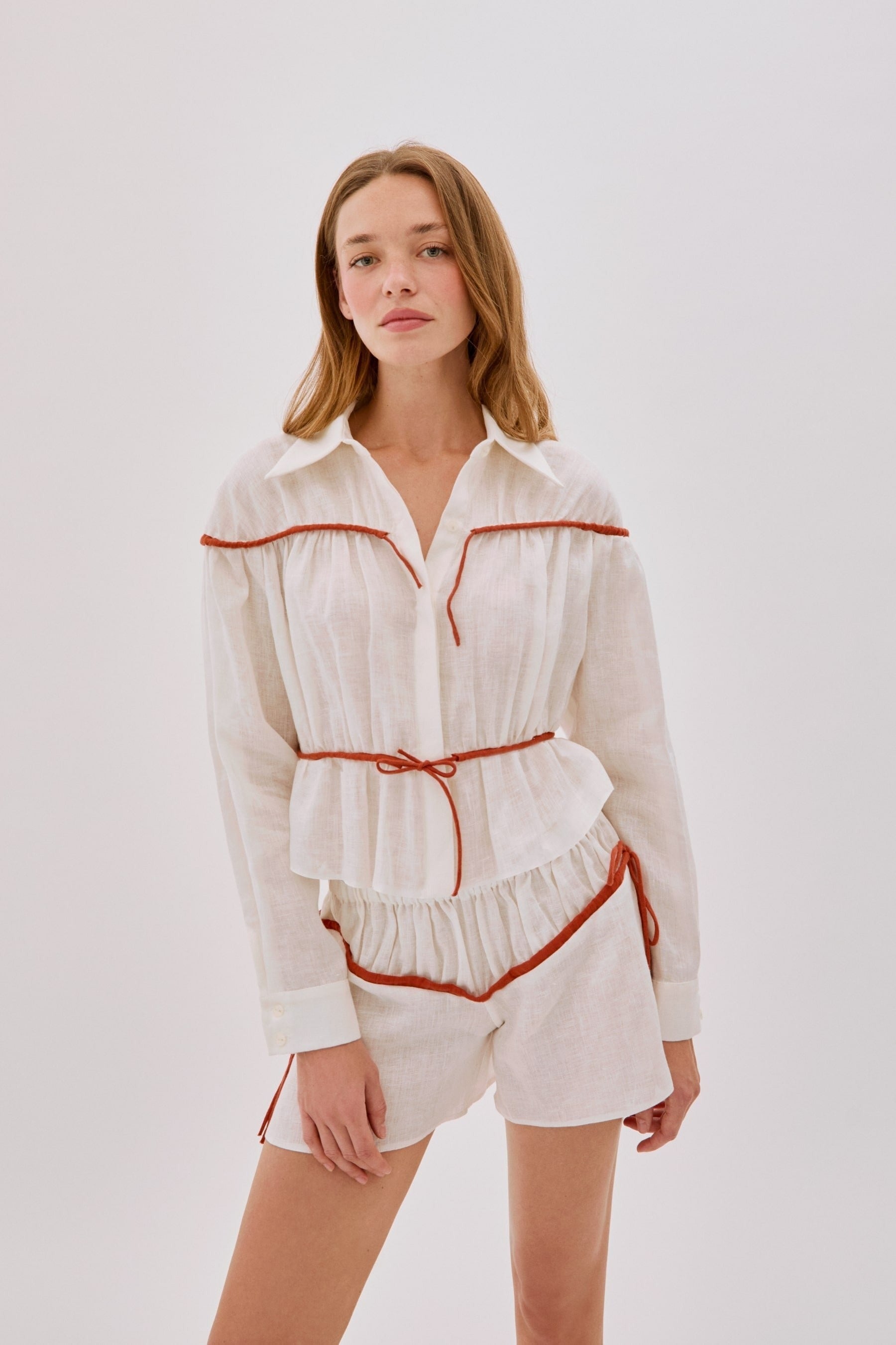 Colette Ecru and Terracotta Linen Tie Shirt