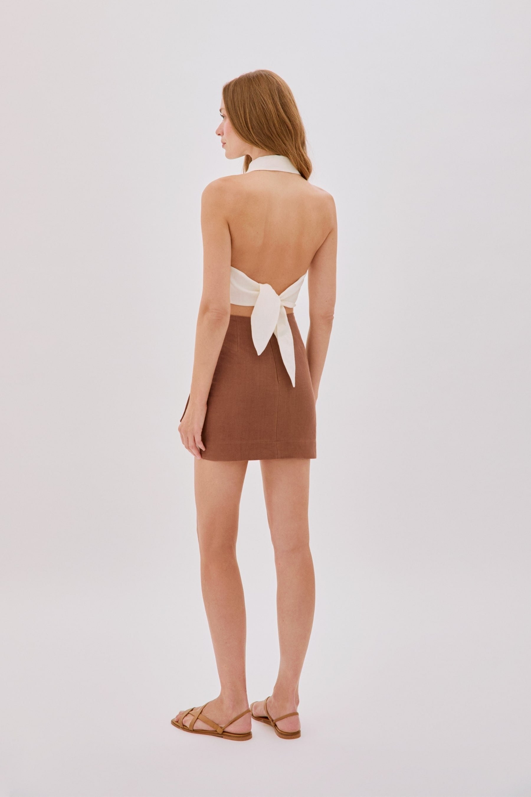 Eliza Cappuccino and Ecru Linen Wrap Mini Skirt