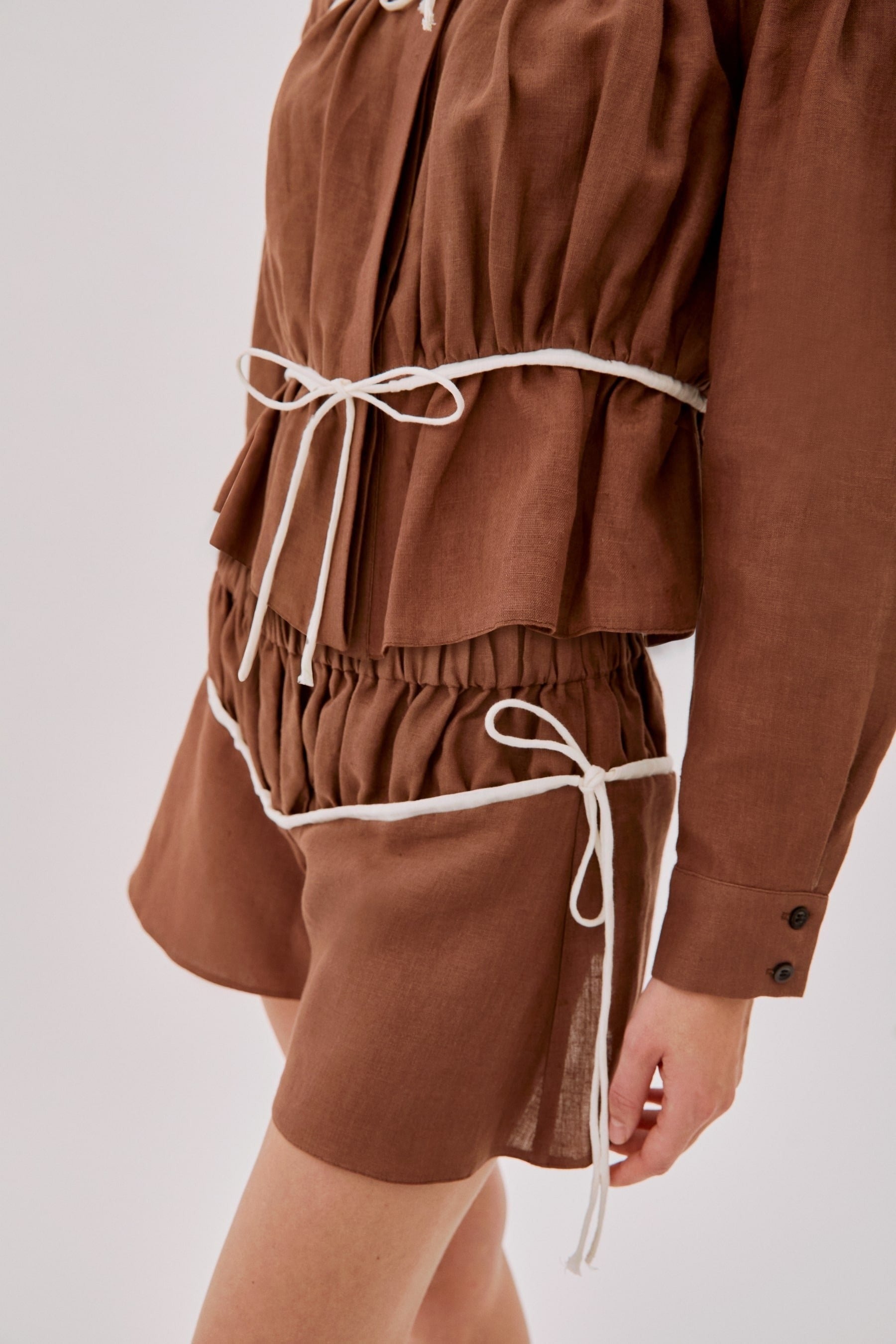 Colette Cappuccino and Ecru Linen Tie Shorts