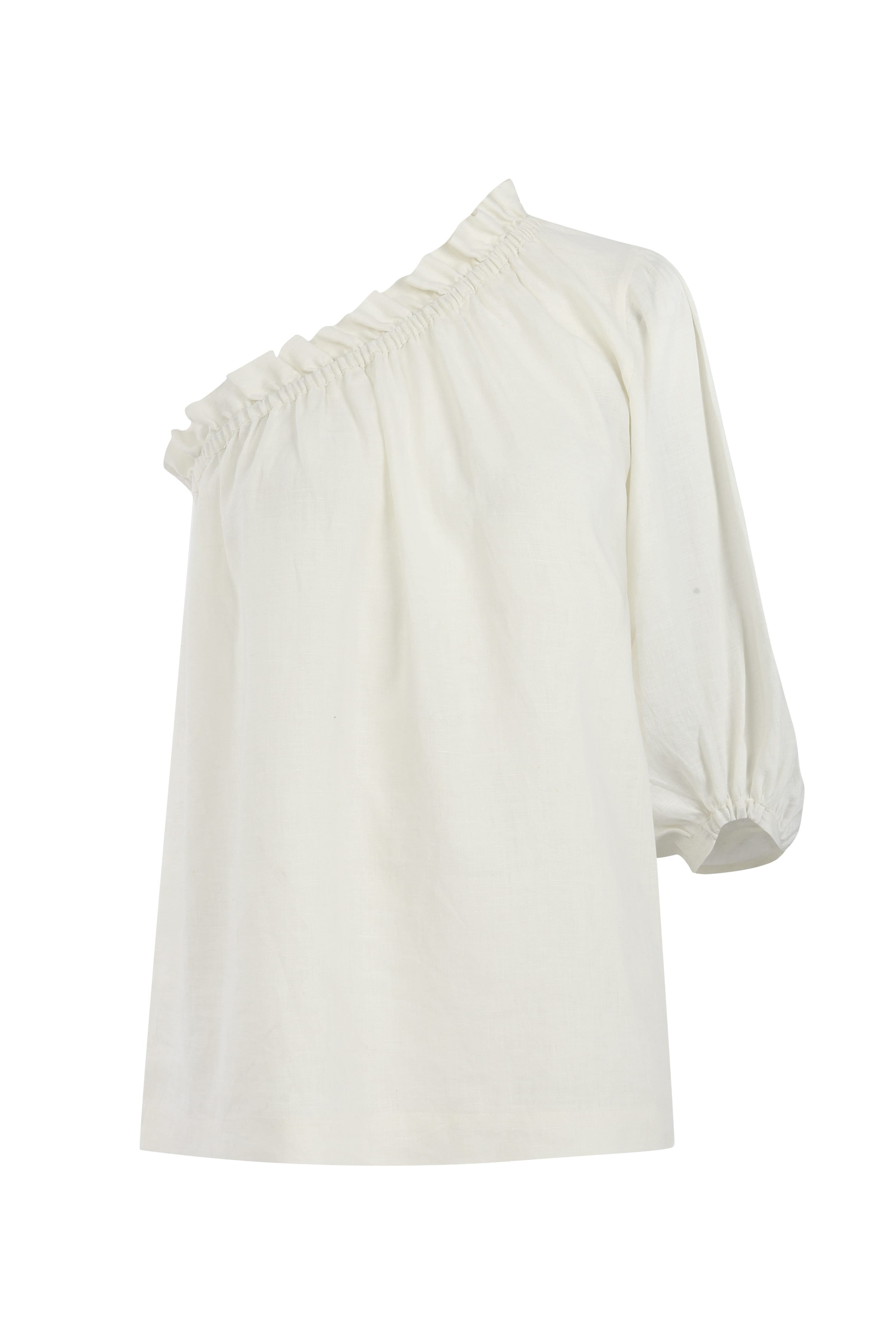Capri White One Sleeve Linen Top